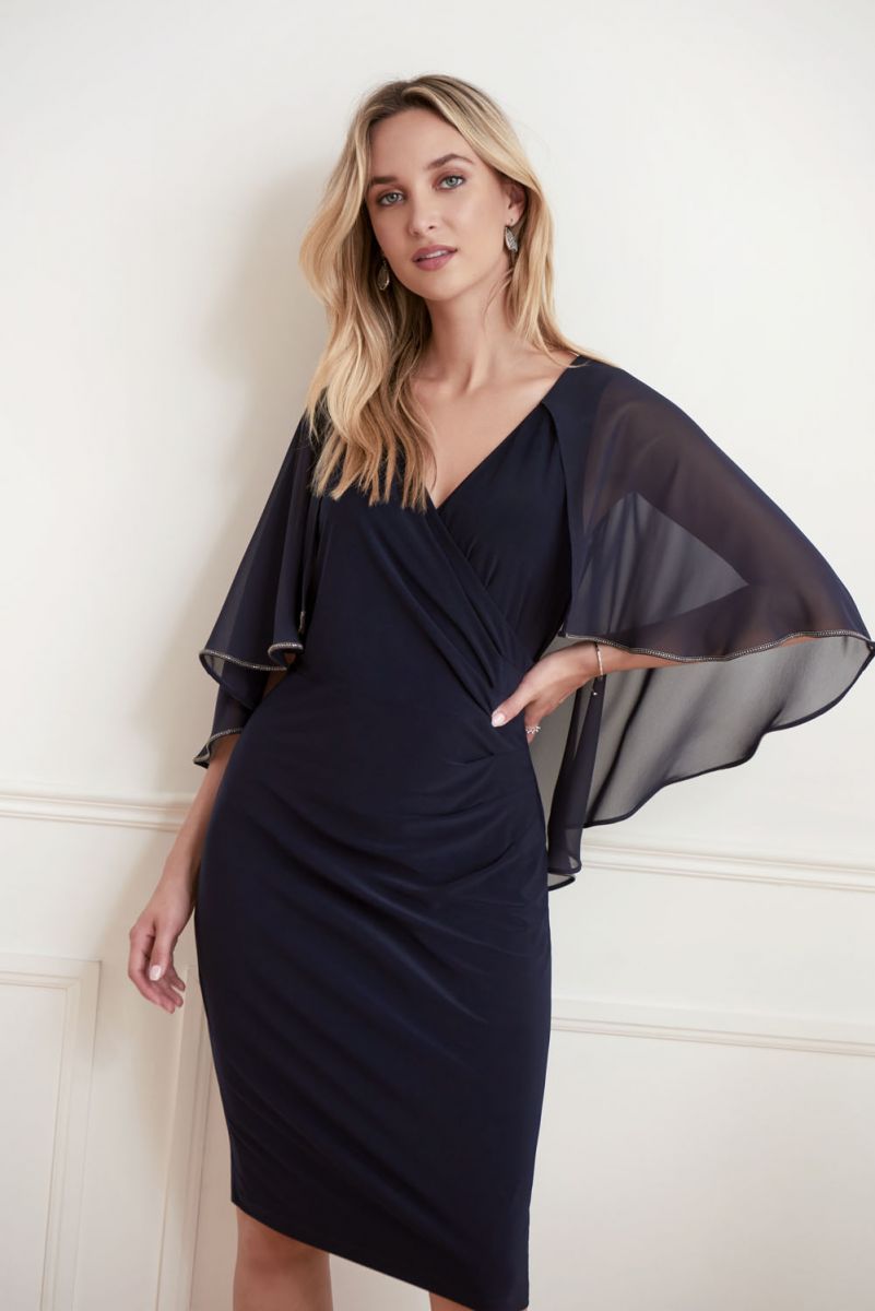Joseph Ribkoff 221353 Knit Dress With Crossover Front And Embellished Cape