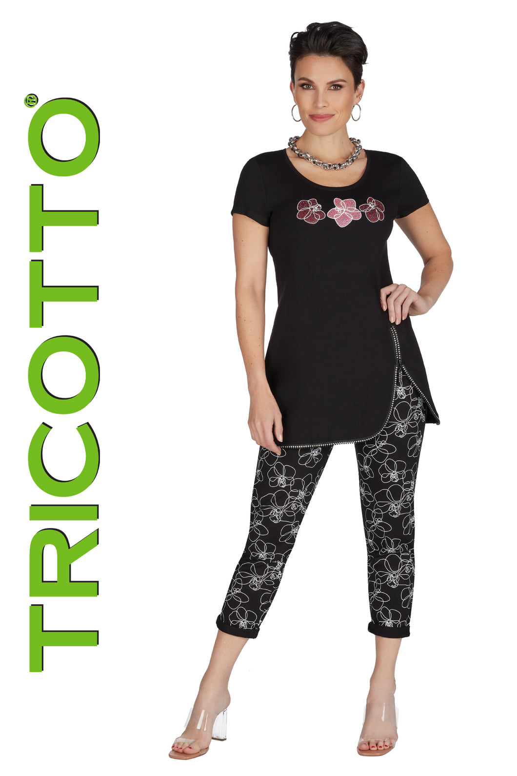 Tricotto 543 Short Sleeve Printed Tunic Top With Zip Trim