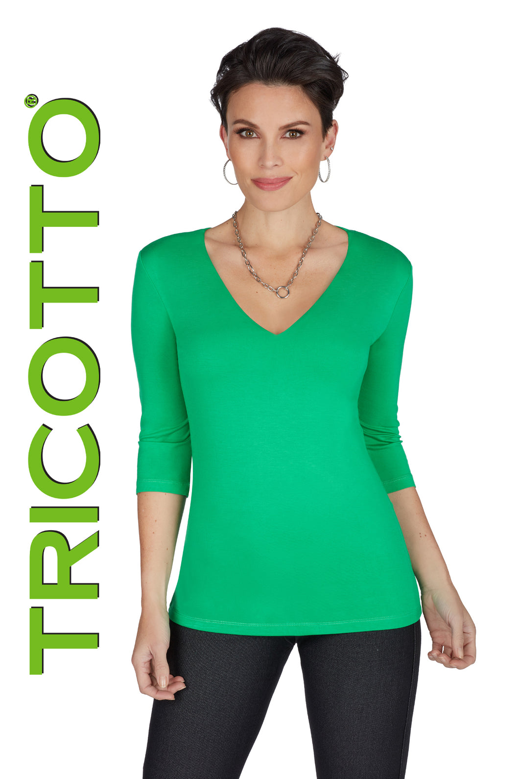 Tricotto 596 Green V Neck 3/4 Sleeve Top