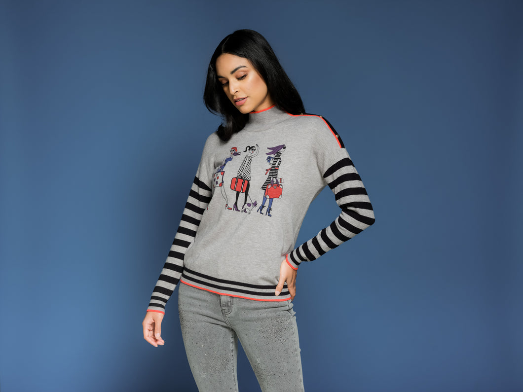 Elena Wang EW29072 Sweater With Print And Stripes