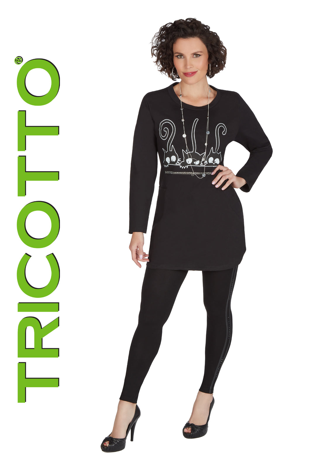 Tricotto 167 Long Sleeve Crew Neck Tunic With Fancy Cat Print